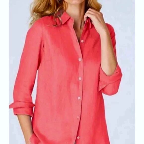 EEUC J. Jill Coral Pink Linen Button Front Top Shirt Blouse Size MEDIUM - Picture 3 of 3